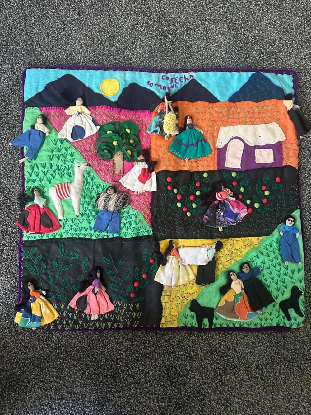 Handmade Peruvian Arpillera 3D Folk Tapestry Story Of Their Daily Life Harvest